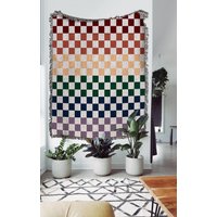 Retro Regenbogen Karierte Baumwollwebdecke 70Er Jahre Wandteppich von TheCoolRuler
