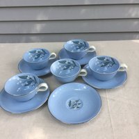 Teetassen Und Untertassen, Homer Laughlin, Skytone Blau, Ähnlich Wie Blue Nebel Muster, Platin-Felge, Fünf Erhältlich von TheCuratedCave