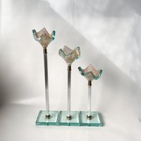 Tony Evans Midcentury Modern Art Kerzenständer Aus Glas. Set Mit 3 Kerzenhaltern Glasbronze Raku-Finish. Skulptur von TheDustyFlea