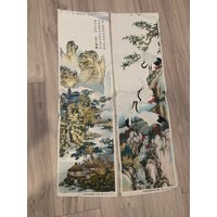 Japan, China, Aquarell, Gemälde, Stoff, Wandbehang, 37 X 11 ", Natur, Störche, Wasserfall, Vintage, Sammlerstück, ~ 20-10-326 von TheEccentricEye