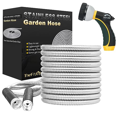 TheFitLife Flexibler Metall-Gartenschlauch – verbesserte Version, auslauf- und ausfransfestes Design, Edelstahl-Wasserschlauch mit soliden Armaturen Sprühdüse, leicht, knickfrei, langlebig von TheFitLife