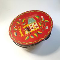 Knallrot Mid Century Rustikales Bauernhaus Große Ovale Blechdose Mit Henkeln von TheGingerRootShop