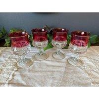 Vintage Tiffin/Franziskaner Crystal Kings Crown Clear Mit Rotem Flash-Glaswein Kelche 4Er Set von TheGreyHouseshop