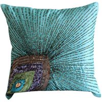 Dekorativ Wasserblau 40x40 cm Couch-Kissen, Art Silk Pfauenfeder, Deco Kissenbezug, Vögel Modern - Peacock Grace von TheHomeCentric