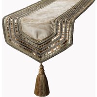 Dekorativer Tischläufer in Creme-Beige, Samt Mit Perlenstickerei Und Quasten, Borte Modern - Elegance Erhältlich 11 Größen von TheHomeCentric