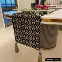 Erhältlich in 11 Größen, 4, 6, 8 Oder 10 Sitzer Dekorativer Tischläufer Schwarz, Samt Perlenstickerei Und Quasten, Abstrakt - Pfau Art Deco von TheHomeCentric