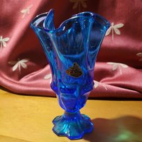 Deep Royal Blue Swung Glas Vase - 1930Er Jahre Original Label von TheHoneycombMarket