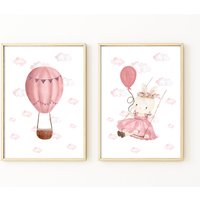 Heißluftballon Dekor, 2Er Set Drucke, Mädchen Kinderzimmer Aquarell Stil Kinderzimmer, Wolke Altrosa Schlafzimmer Drucke von TheLittleStagDesigns