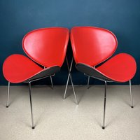 Paar Rote Lounge Stühle Italien 1990Er Jahre Mid-Century Modern Stuhl Design Pierre Paulin Stil Orange Scheibenstühle von TheOldAtticSI
