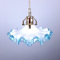 Vintage Kleine Pendelleuchte Italien 50Er Jahre Blau Weiß Glas Messing Retro Wohnkultur Bauernhaus Cottage Stil von TheOldAtticSI