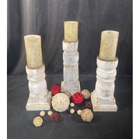 Set 3 Weiße Kerzenständer Aus Holz, Kamindekor, Tischdeko, Kerzenständer, Kerzenhalter von TheOldGrainery