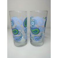 Vintage Libbey Crisa Paisley Limette Grün Blau Getränke Gläser Set Von Zwei | 2 von ThePJCompany