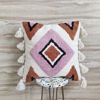 Handgefertigter Boho Dekokissenbezug Ockerfarbene & Rosafarbene Getuftete Baumwolle 20x20 Kissenbezug Handgefertigter Boho Dekokissenbezug Ockerfarbene & Rosafarbene Getuftete Baumwolle 20x20 Kissenbezug von ThePerfectCraftman
