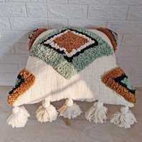 Salbei Grün & Ocker Elfenbein Mehrfarbige Baumwolle Hand Bestickt Getuftet 18x18 | 20x20 Dekorativer Kissenbezug Boho Strukturierter von ThePerfectCraftman