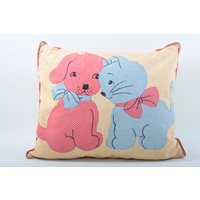 1930Er Jahre Handgemachtes Kissen Hellbraun Blau Kitty Rot Welpe Polka Dots Kinderzimmer Dekorativ Gepunkteter Rand ~ 20-0-715 von ThePinkRoom