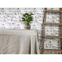 Gewaschene Leinen Tischdecke Beige Und Weiße Punkte, Steingewaschene Breitem Rand Mitered Ecken, Natur Tisch Textil Dekor von TheRawLinen