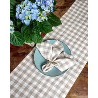 Gingham Weißer Leinen Tischläufer, Kariertes Weiß Beige Stonewashed Bauernhaus Tischläufer Mit Breitem Saum Auf Gehrung, Rustikaler Läufer von TheRawLinen