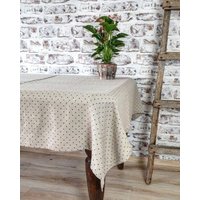 Polka Dots Leinen Tischdecke, Beige Und Schwarz Punkte Stonewashed Tischdecke Breiter Saum Geschwärzte Ecken, Natur Leinen Tisch Textil Dekor von TheRawLinen