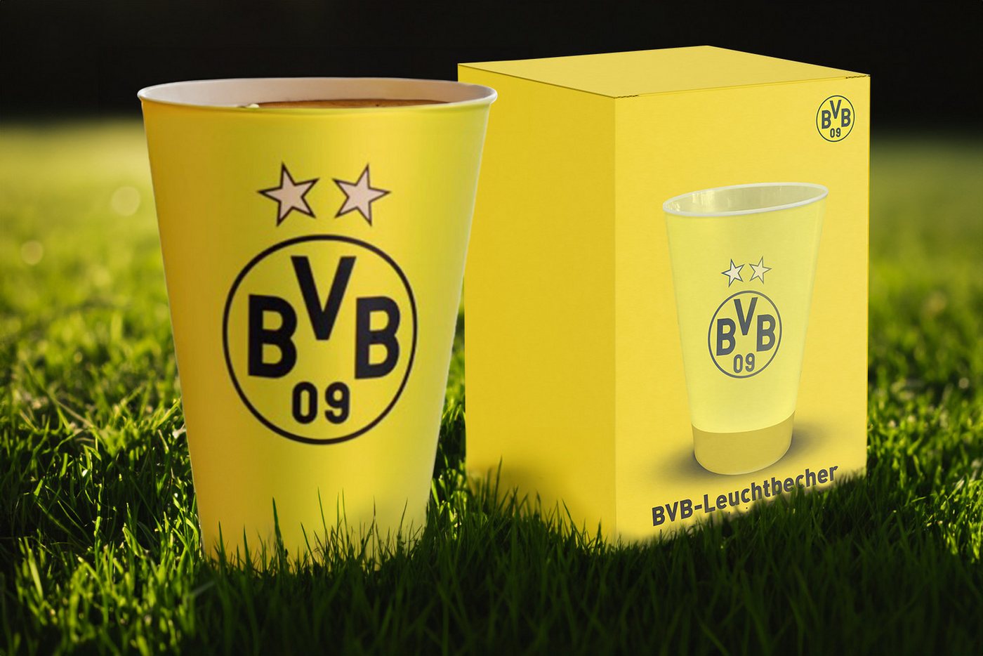 Becher LED Leuchtbecher BVB, Fanartikel leuchtet in Vereinsfarben, 450ml, Batterien inklusive von TheSoccerClub