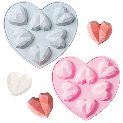 2 Stück Silikonform 3D Diamant Herz DIY Herz Schokoladenkuchenform Herzform Silikonform 3D Diamant Herzform Herzform Silikon Eiswürfel für Muffins, Brownies, Schokolade, Gelee, Pudding, Seife, Cupcake von TheStriven
