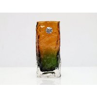 Mid-Century Glasobjekt, Höchstwahrscheinlich Tajima Glass Japan, Rindenstruktur, Grün/Bernsteinfarben, 1960Er Jahre, Vintage, White Friars Style von TheTasteOfGlory