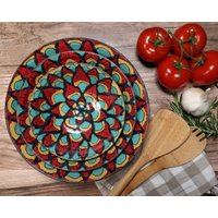 Ooak-Keramik-Set Mit Drei Handgetöpferten Keramik-Nistschalen, Geriffelter Rand, Pfauenschalen, Handbemalte Schalen, Nesting-Set, Dekorative Keramik von TheTikiQueen