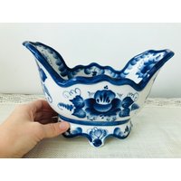 Vintage Gzhel Große Konfektschale - Гже Elь Handbemalte Blau-Weiße Schale von TheVINTAGEShopBG