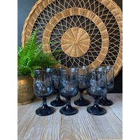 Vintage Blaue Phaltzgraff Folk Art Tulip Weinglas Mit Gefrosteten Weißen Blumen Detail | Sechser-Set Kleine Wasserkelche Hochzeitsglas von TheVintageGateShop