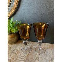 Vintage Paar Bernsteinglas Weingläser Mit Klaren Stielen | Stemware Bar Geschirr Schweres Wasser Saft Becher Hochzeit Toast Gläser von TheVintageGateShop