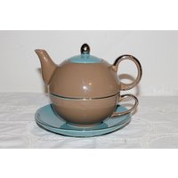 stacking Teekanne Für Eine in Dunkel Taupe Und Türkis Designer Mit Silber Trim von TheVintageStrip