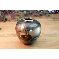 Vintage Emaille Vase Mit Airbrushed Und Handgeschnitztem Adler Design - Made in Japan 4, 5" Ocean Waves Schwarz Silber Gold Topf Unikat von TheWitchsCottageShop