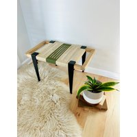 Mid-Century Modern Style Bank Mudroom/Eingangsbereich Handgewebter Betthocker Nach Maß Handgefertigt & Auf Bestellung von TheWoodandWeaveShop