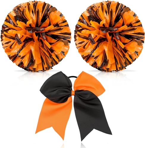 Theaque Cheerleader-Pompons und große Cheerleader-Haarschleife für Mädchen, 30,5 cm große metallische Cheerleader-Pompons für Sport, Teamgeist, Jubeln (Orange Schwarz gemischt) von Theaque