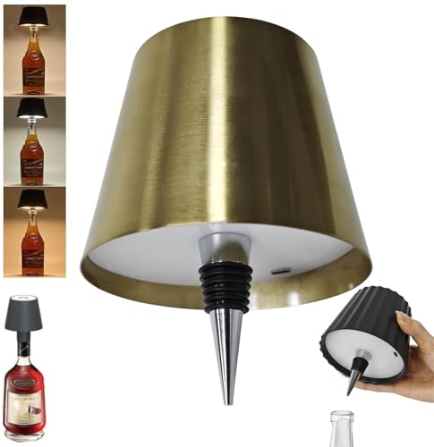 Theaque Kabelloser Weinflaschen-Lichtkopf, tragbare LED-Drahtlose Flaschenlampe mit 3 Modi, Lichtdimmung, wiederaufladbare Touch-Steuerung, Weinflasche für jede Flasche (Gold) von Theaque