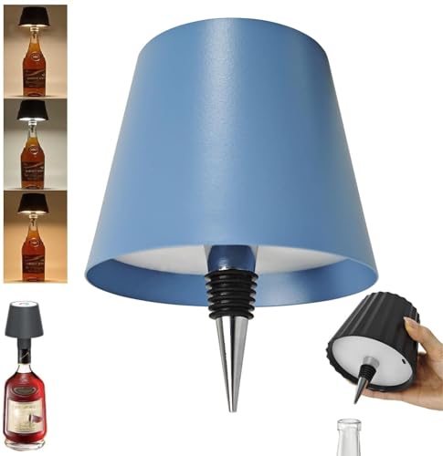 Theaque Kabelloser Weinflaschen-Lichtkopf, tragbare LED-Drahtlose Flaschenlampe mit 3 Modi Lichtdimmung, wiederaufladbare Touch-Steuerung Weinflasche für jede Flasche (Blau) von Theaque