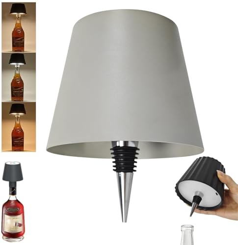 Theaque Kabelloser Weinflaschen-Lichtkopf, tragbare LED-kabellose Flaschenlampe mit 3 Modi, Lichtdimmung, wiederaufladbare Touch-Steuerung, Weinflasche für jede Flasche (Grau) von Theaque