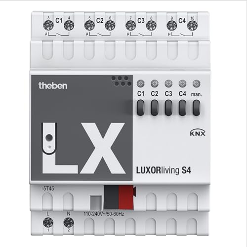 Theben 4800420 LUXORLiving S4 I 4-fach Schaltaktor I Funktionen: z. B. Ein/Aus, Impuls, Ein/Aus-Verzögerung, Treppenlicht mit Vorwarnung I Für KNX Smart Home-System LUXORliving von Theben