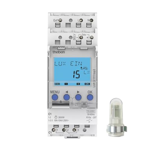 Theben 1110130 LUNA 111 top3 AL 1-Kanal Dämmerungsschalter mit externem Aufbau-Lichtsensor I Betriebsstundenzähler I Erweiterter Helligkeitsbereich von Theben