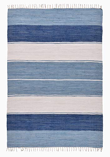 Dhurry | Fleckerl | Flachgewebe-Teppich aus 100% Baumwolle; handgewebt, waschbar, beidseitig verwendbar | 60 x 120 cm; Farbe: Blau | Happy Design von Theko