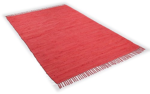 Dhurry | Fleckerl | Flachgewebe-Teppich aus 100% Baumwolle; handgewebt, waschbar, beidseitig verwendbar | 90 x 160 cm; Rot | Happy Cotton von Theko