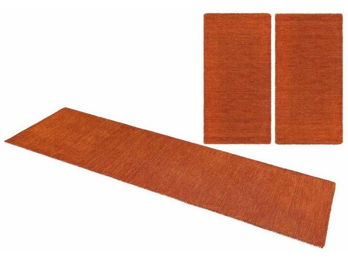 THEKO Bettumrandung Gabbeh Uni, Handweb Teppich, meliert, reine Wolle, Höhe 14 mm, (3-tlg), Bettvorleger, Uni-Farben, handgewebt, Läufer-Set, Schlafzimmer von Theko