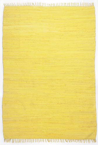 THEKO | Dhurry Teppich aus 100% Baumwolle Flachgewebe Teppich Happy Cotton | handgewebt | Farbe: Gelb | 120x180 cm von Theko