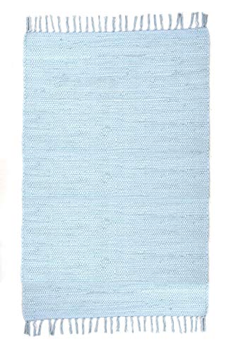 THEKO | Dhurry Teppich aus 100% Baumwolle Flachgewebe Teppich Happy Cotton | handgewebt | Farbe: Hellblau | 60x120 cm von Theko