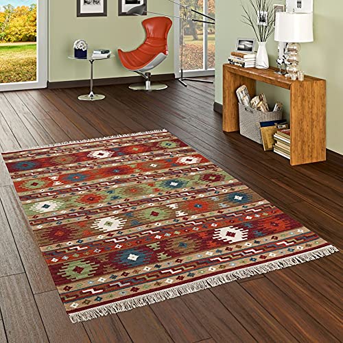 Theko Natur Teppich Kelim Sumak Rot Bunt Modern in 7 Größen von Theko
