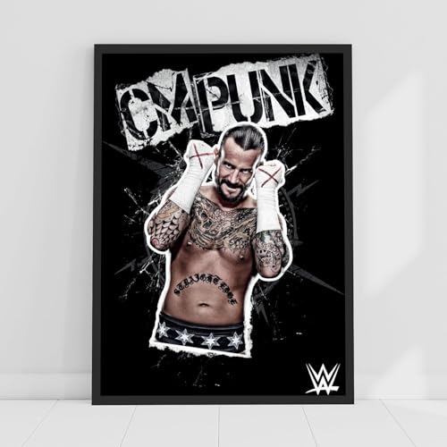 Themed WWE Print – CM Punk Schwarz-Weiß-Grafikposter Wrestling Wandkunst (42 cm x 59,4 cm – A2) von Themed