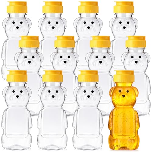 Thenshop 12 Stück 237 ml Kunststoff-Bär-Flaschen, leere Honig-Quetschflasche mit gelbem Klappdeckel zum Aufbewahren und Dosieren, niedliche Bärenform, klare Honigbehälter für Party, Babyparty, 237 ml von Thenshop