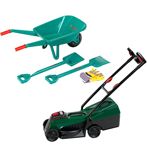 Theo Klein 3053 Bosch 2er Set Rotak Rasenmäher mit Licht & Sound + 4-teiliges Gartenset mit Schubkarre von Theo Klein