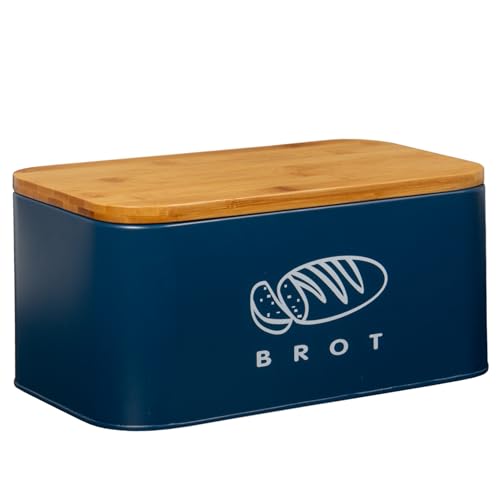 Theo&Cleo Brotkästen mit Deckel, Ökologisches Bambus, Kann als Schneidebrett, Geräumiger Retro Bread box aus Metall, Brot Lange Aufbewahren und Frisch Halten 30cm * 18cm * 14cm Dunkelblau von Theo&Cleo