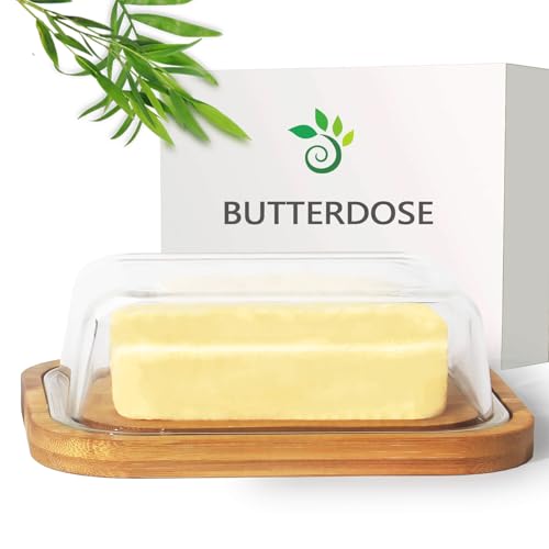 Theo&Cleo Butterdose aus Glas und Bambus , Umweltfreundlicher und nachhaltiger Bambus , Hochwertiger Glasdeckel , Butter Box , 250 g Butter von Theo&Cleo