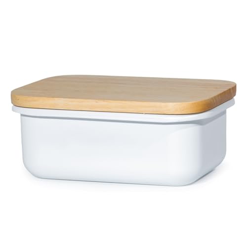 Theo&Cleo Butterdose mit Holzdeckel, Butterglocke für 250 g Butter, Multi-Funktion Butter Dish, Bambusdeckel (Weiß + Bambus) von Theo&Cleo